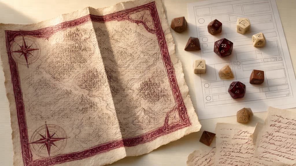 An overhead fantasy tabletop with a folded map, a clean character-sheet page, polyhedral dice and handwritten campaign notes, with no readable text or brand marks.